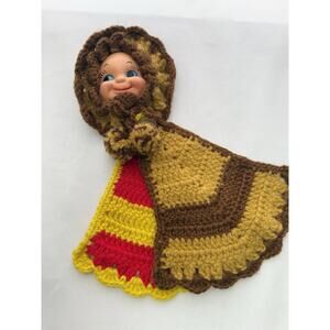 Vintage Handmade Crochet Doll Face Pot Holders Kitchy Retro Kitchen